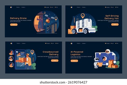 Future Of Delivery set. Modern parcel solutions transform urban logistics with delivery drones, self-driving vans, crowdsourced couriers and AI-powered operations for efficiency and accessibility