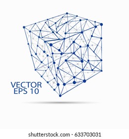 Future design for a business presentation. Blue 3d cube with lines and dots. Design of the concept of connection. The concept of vector technology. Linked lines and points. Network icon. Vector.