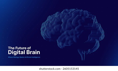 Future of Digital Brain. Artificial Intelligence Brain Concept, Futuristic Neural Network Design, Digital Mind Data Technology in Blue Background. Vector Illustration.