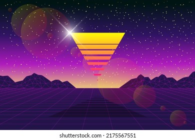 Abstrakter Hintergrund des zukünftigen digitalen Technologiekonzepts. Virtuelle Realität Universum futuristische 3D-Landschaft mit grafischen Bergen und dreieckiger Sonne. Meta-Cyberspace-Vektorgrafik