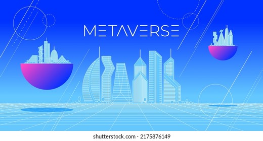 Future Digital Technology Metaverse Concept Abstract Cityscape On Skyline. Virtual Reality Universe Futuristic 3d Landscape With Graphical Wireframe Cyberpunk City. Meta Cyber Space Metropolis. Vector