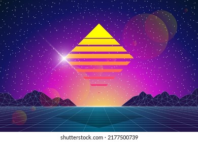 Future digital technology metaverse concept abstract background. Virtual reality universe futuristic 3d landscape with graphical mountains and square sun. Cyber space vector eps illustration