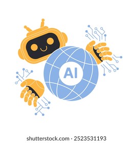 Future digital world creation with AI. Cute robot arms holding planet with AI label, digital circuits to create reality, innovations influence people lifestyle and trends cartoon vector illustration