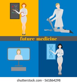 Future doctors and nurses and medical staff. Medical futuristic team in flat design people character. Molecular diet, genes, prostheses, it medic and online doctor,