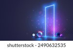 Future door in abstract digital cyberspace. Futuristic opened cyber door, portal in other worlds. Neon gate glowing in the dark. Doorway or door without walls. Time machine concept. Technology banner