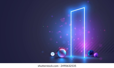 Future door in abstract digital cyberspace. Futuristic opened cyber door, portal in other worlds. Neon gate glowing in the dark. Doorway or door without walls. Time machine concept. Technology banner