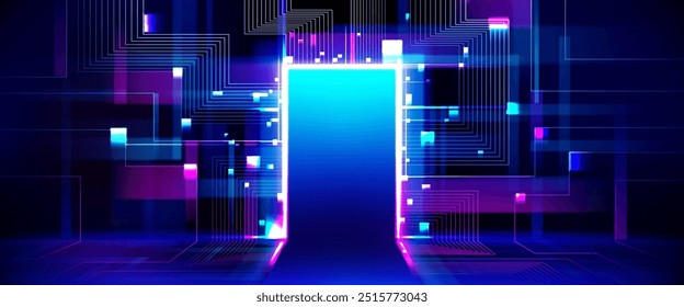 Futuro fondo de la puerta. Luz de neón futurista digital para la oportunidad. Portal de matriz abierta al espacio de innovación. Educación a través de la puerta para el diseño de descubrimiento de la ciencia cibernética. Gráfico de hud de píxeles