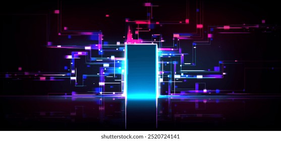 Fundo da porta do futuro. Luz neon futurista digital para oportunidade. Abra o portal de matriz para o espaço de inovação. Educação pela porta de entrada para o projeto de descoberta da ciberciência. Gráfico de pixel hud