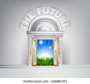 Future door concept. A conceptual illustration for a happy verdant future of a door opening onto a field of lush green grass