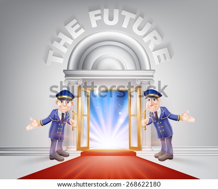 Future Door concept of a doormen holding open a red carpet entrance to the future with light streaming through it.