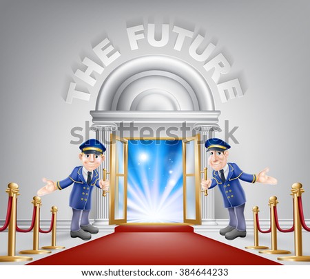 The future door concept of a doormen holding open a door at a red carpet entrance with velvet ropes. Light streaming through it, could be the door to the new future.