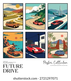 Future Drive Road Trip Ilustração Conjunto com rotas costeiras e de montanha