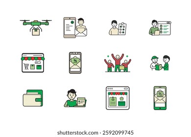 The future of E-commerce-  a creative collection of outline vector art for online retail and logistics