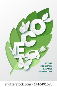 Future ecosystem concept,car and butterflys on leave,Paper art and digital craft style.