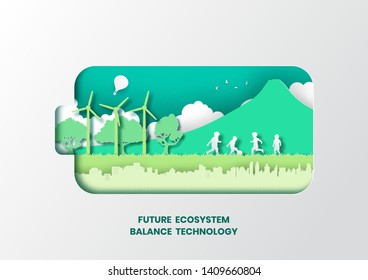Future ecosystem concept,Children play football,Paper art and digital craft style.