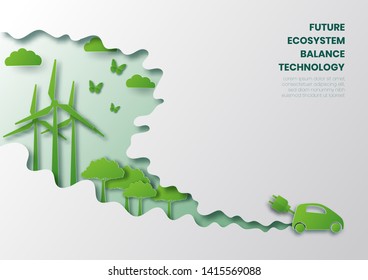 Future ecosystem concept,Eco car,paper cut style vector illustration.