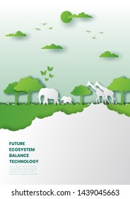 Future ecosystem concept,Wild animals,Paper cut style vector illustration.