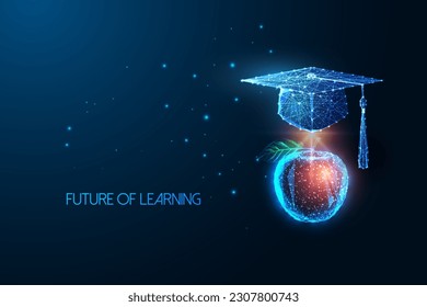 Futuro de la educación, e-learning, realidad aumentada en la educación concepto futurista con sombrero de graduación y manzana en brillante estilo poligonal sobre fondo azul. Ilustración vectorial abstracta moderna