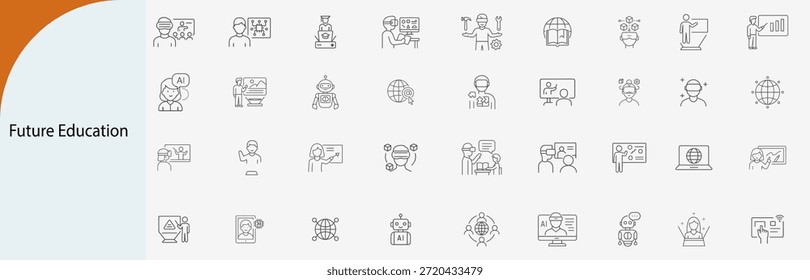 future education and online learning icons, thin line vector style