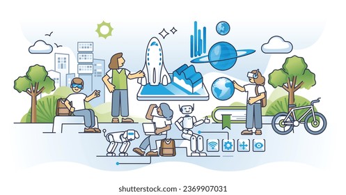 Future of education and tech as innovative school technology outline concept. Artificial intelligence study support for effective and smart pupil learning from AR and VR materials vector illustration