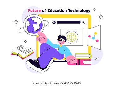 O Futuro da Tecnologia da Educação Ilustração Vetorial Apresentando Aprendizagem Digital Moderna e Máquinas para Ferramentas Acadêmicas Inteligentes e Edtech Em Segundo Plano