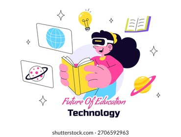 Futuro de la Ilustración vectorial de Tecnología de Educación con aprendizaje digital moderno y máquinas para herramientas académicas inteligentes y Edtech en un fondo