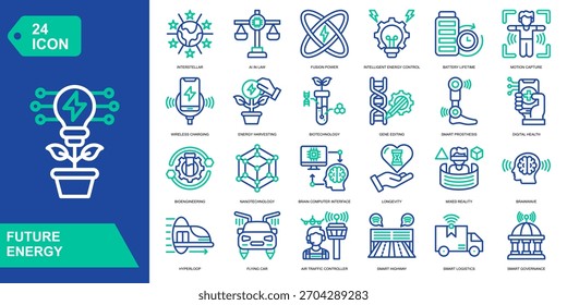 Conjunto de colección de iconos de energía futura. Interestelar, Aire En La Ley, Poder De Fusión, Control De Energía Inteligente. Iconos de vector de color de línea.