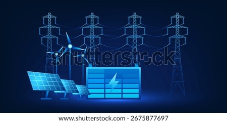 Future energy storage concept illustration, large battery storing electricity from solar panels and high voltage power towers, symbolizing renewable energy, smart grid, and sustainable technology