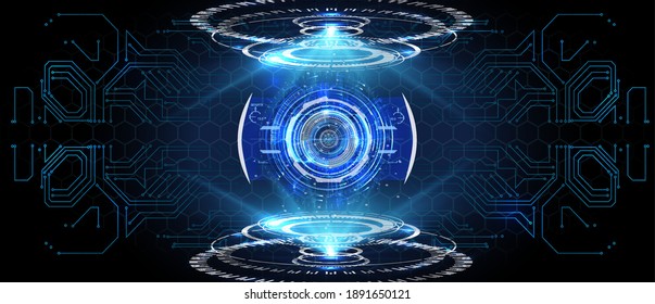 Future engineering concept with infographics  Circle portals, teleport, hologram gadget. Sky-fi digital hi-tech elements for presentation, vr, gui,