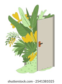 Futuro de la sostenibilidad ambiental ilustración plana de dibujos animados. Ir verde en el jardín de la puerta abierta. Puerta de entrada exuberante tropical hojas 2D escena aislada sobre fondo blanco. Imagen colorida del Vector