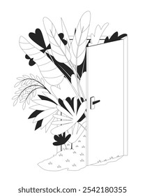 Future of environmental sustainability linear illustration. Go green into open doorway garden. Door entrance lush tropical leaves 2D line scene isolated on white. Monochrome vector outline image