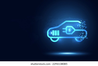 Future EV car electric plug and battery charger blue abstract digital binary code background. Alternative and sustainable energy concept. New futuristic system technology symbol. Vector illustration.