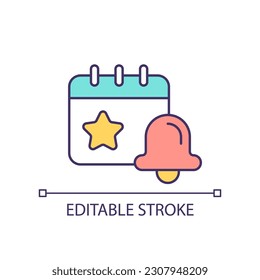 Icono de color RGB de notificación de eventos futuros. Elaborar un calendario de fechas importantes. Gestión del tiempo. Ilustración vectorial aislada. Dibujo de línea simple relleno. Trazo editable. Tipo de letra arial utilizado
