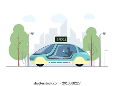 Future express taxi in city vector flat illustration. Futuristic high speed automobile on background of modern town. Autonomous electric smart taxi with passenger and cityscape on backdrop.