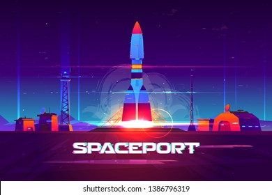 Future extraterrestrial spaceport cartoon vector banner. Heavy rocker carrier taking off from launching pad, rocketship start in night sky illustration. Space exploration, commercial starship flight