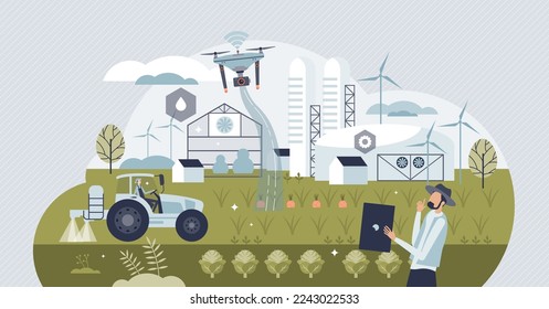 Futura granja con el concepto de pequeñas personas para el monitoreo autónomo de la agricultura robot. Cosecha, riego y control del suelo inteligentes y eficaces con drones e ilustración vectorial de uso de alta tecnología