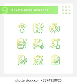 Future farming gradient linear vector icons set. Modern agriculture. High tech. Artificial intelligence. Smart farms. Thin line contour symbol designs bundle. Isolated outline illustrations collection