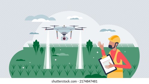 Future Farming With High Tech Agriculture Automation Tiny Person Concept. Flying Drone Above Crops Field For Growth Monitoring And Control Vector Illustration. Technology Innovation For Cultivation.