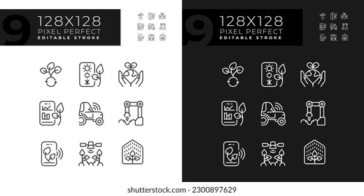 Future farming linear icons set for dark, light mode. Modern agriculture. Artificial intelligence. Smart farms. Thin line symbols for night, day theme. Isolated illustrations. Editable stroke