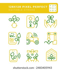 Future farming two color line icons set. Modern agriculture. High tech. Artificial intelligence. Smart farms bicolor outline iconset isolated. Duotone pictograms thin linear. Editable stroke