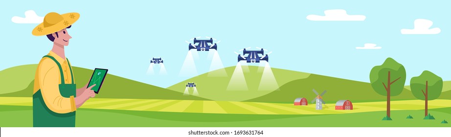 Future of farming, Young farmer operating drone to spray fertilizer on the green field, Vector Illustration