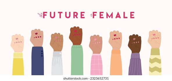 El futuro es un afiche horizontal femenino con diversos puños elevados. Empoderamiento de las mujeres, poder de las niñas, lucha por la igualdad de género, feminismo y concepto de hermandad. Ilustración vectorial dibujada a mano.