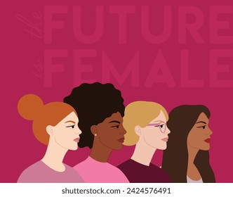 El futuro es la ilustración femenina con un grupo de personajes femeninos diversos que se unen. Día Internacional de la Mujer, 8 de marzo. Concepto de empoderamiento femenino. Ilustración de vector plano pastel