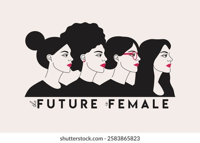 The future is female illustration with group of diverse female characters stand together. International Women s Day, 8 March. Woman empowerment concept. Black and white flat vector illustration