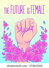 The future is female. Woman's hand with her fist raised up. Girl Power. Feminism concept. Realistic vector illustration in pink  pastel goth colors. Sticker, patch graphic design.