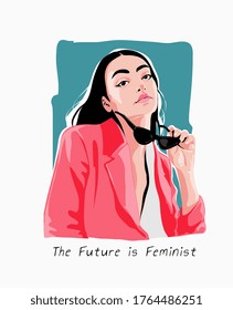 future is feminist slogan with girl and sunglasses illustration