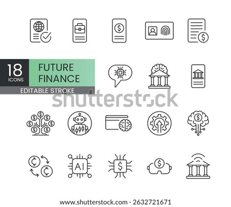 Future finance icons with editable stroke representing AI-powered banking digital assets metaverse finance smart contracts identity verification