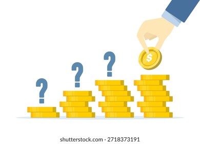 Futuro Plan de gestión financiera con mano humana y monedas de oro apiladas sobre fondo aislado. Ilustración de marketing digital para la planificación de inversiones, el crecimiento del ahorro y la estrategia comercial.