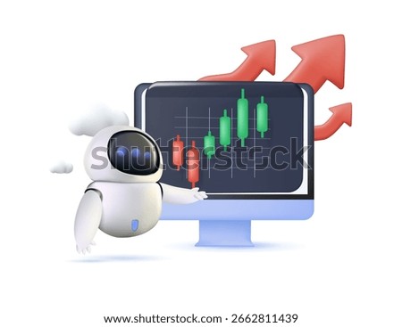 Future financial technology controlled by AI robot using machine learning and artificial intelligence to analyze business data and give advice on investment trading decision. Vector 3D illustration