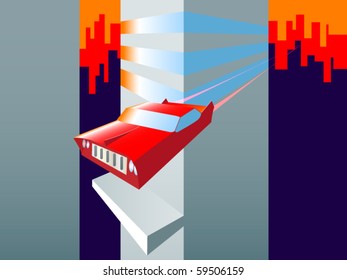 Future fly car. Evening city. Vector.